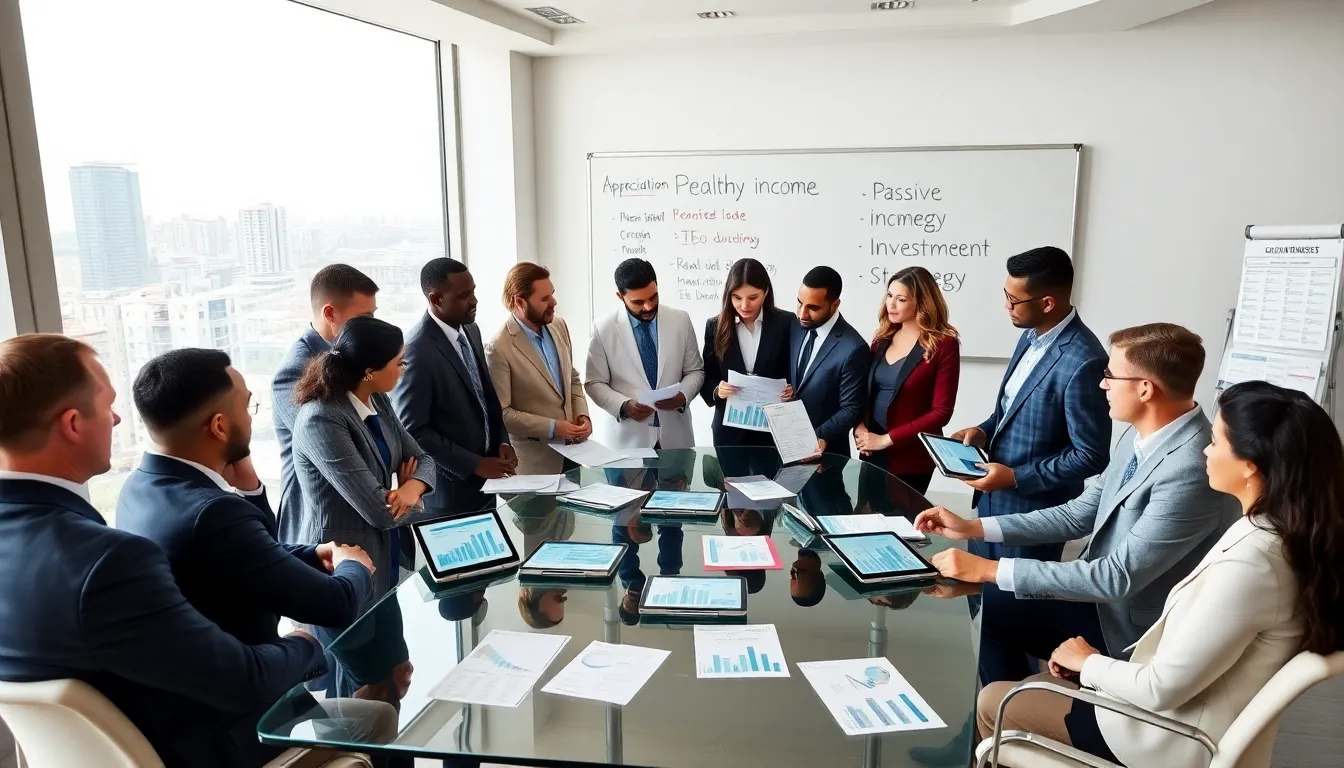 professionals discussing real estate wealth building in a modern office.