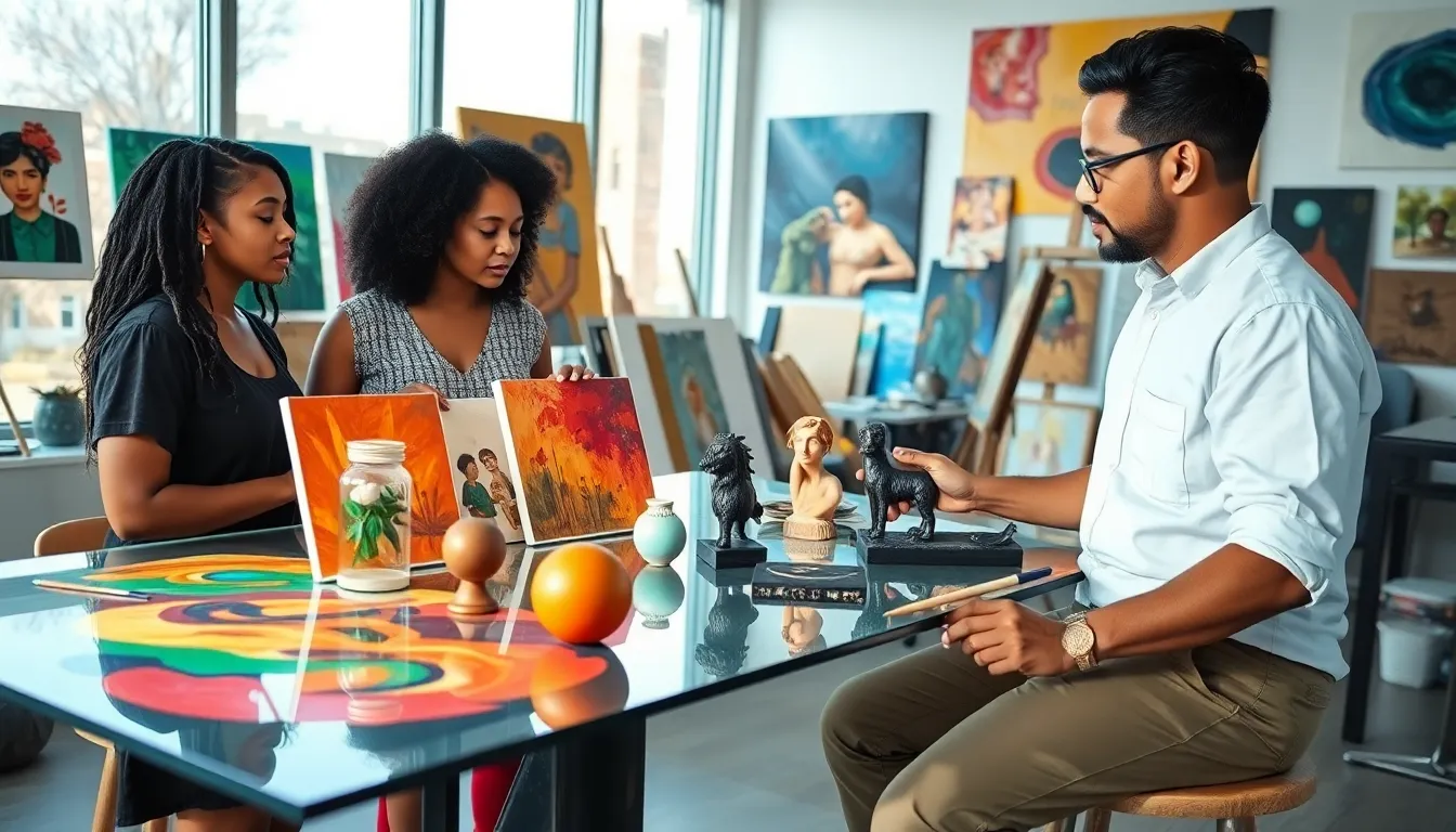 diverse artists collaborating in a modern studio setting.