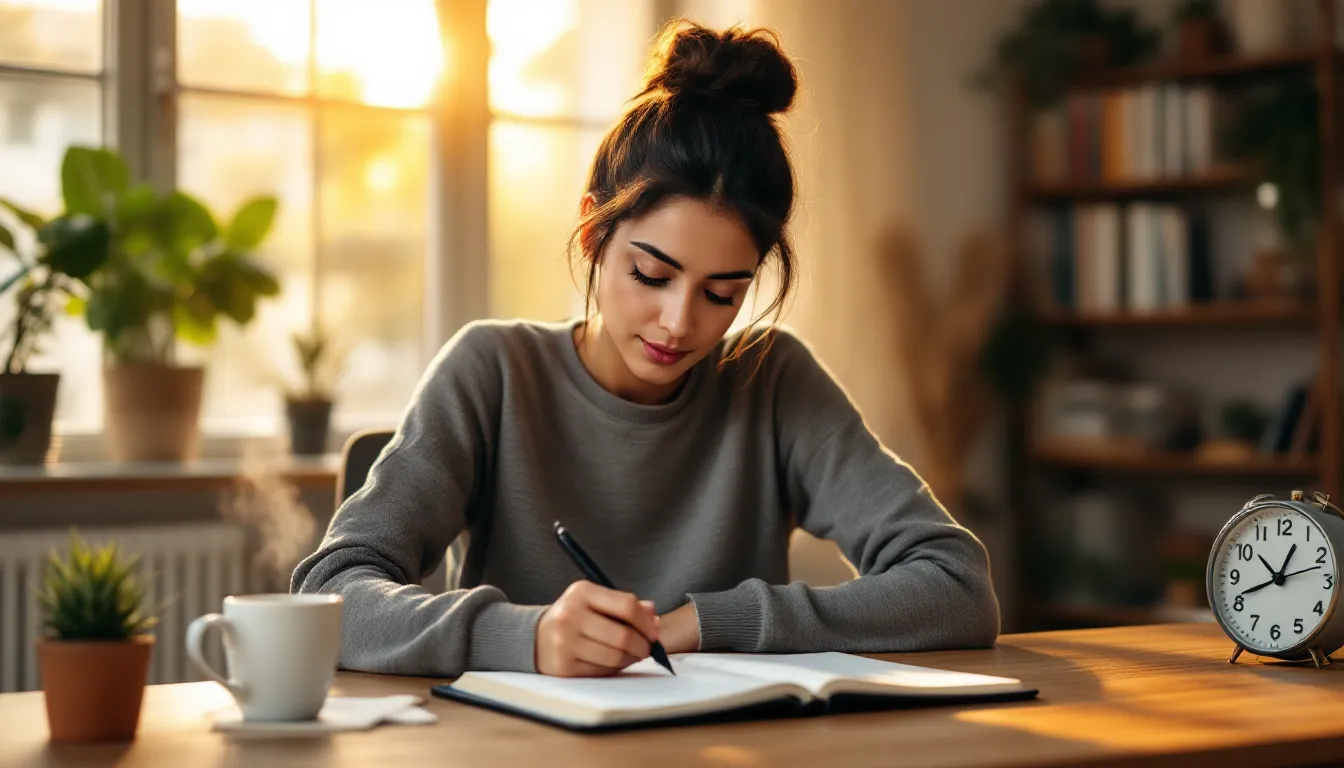 Woman journaling thoughtfully at a sunlit desk during a quiet evening reflection.