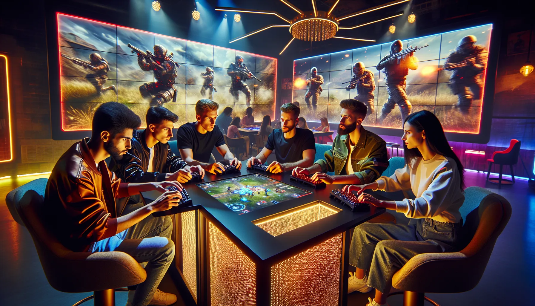diverse gamers enjoying a multiplayer session in a vibrant gaming lounge.