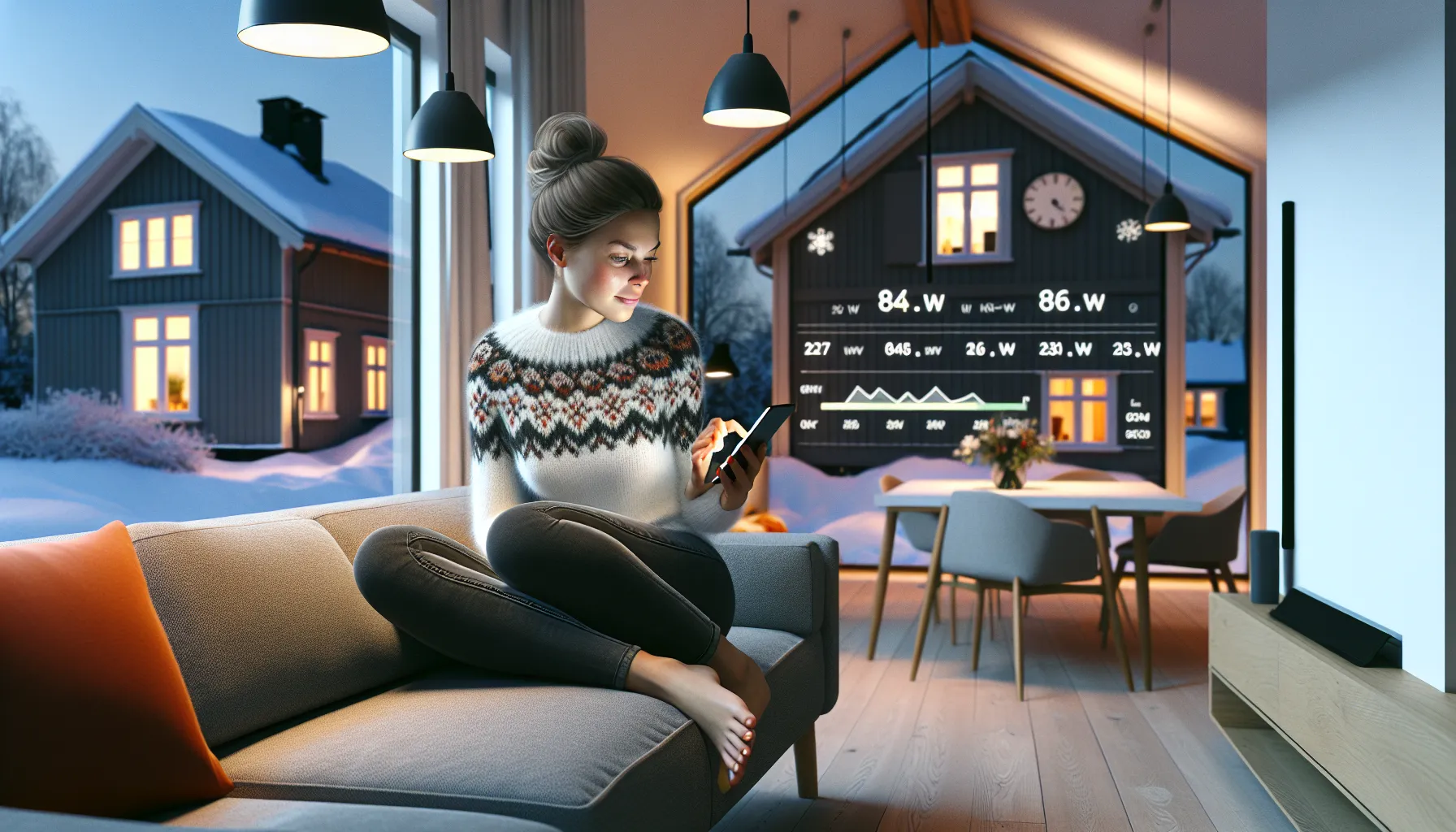 Norwegian woman checks smart energy app, with smart meter and appliances in home.