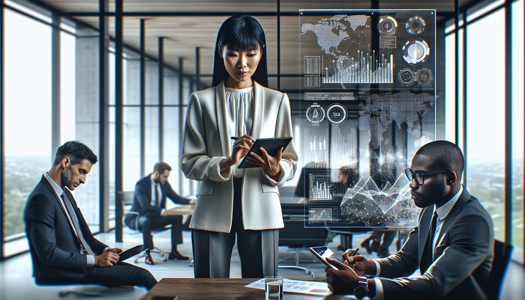 diverse professionals discussing data management in a modern office.