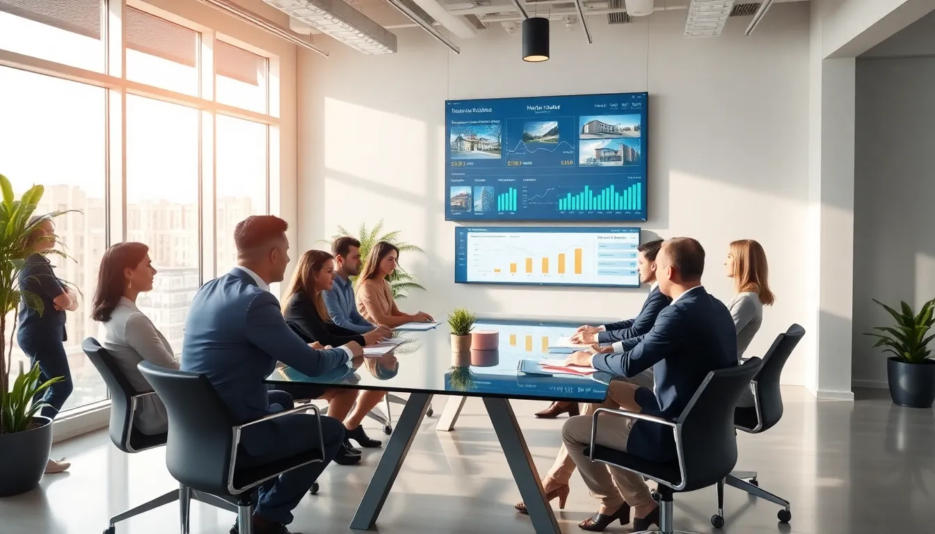 diverse real estate team collaborating in a modern office setting.