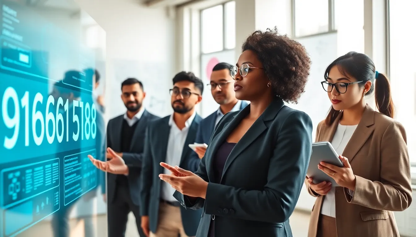team discussing the significance of the number 919611538 in a modern office.