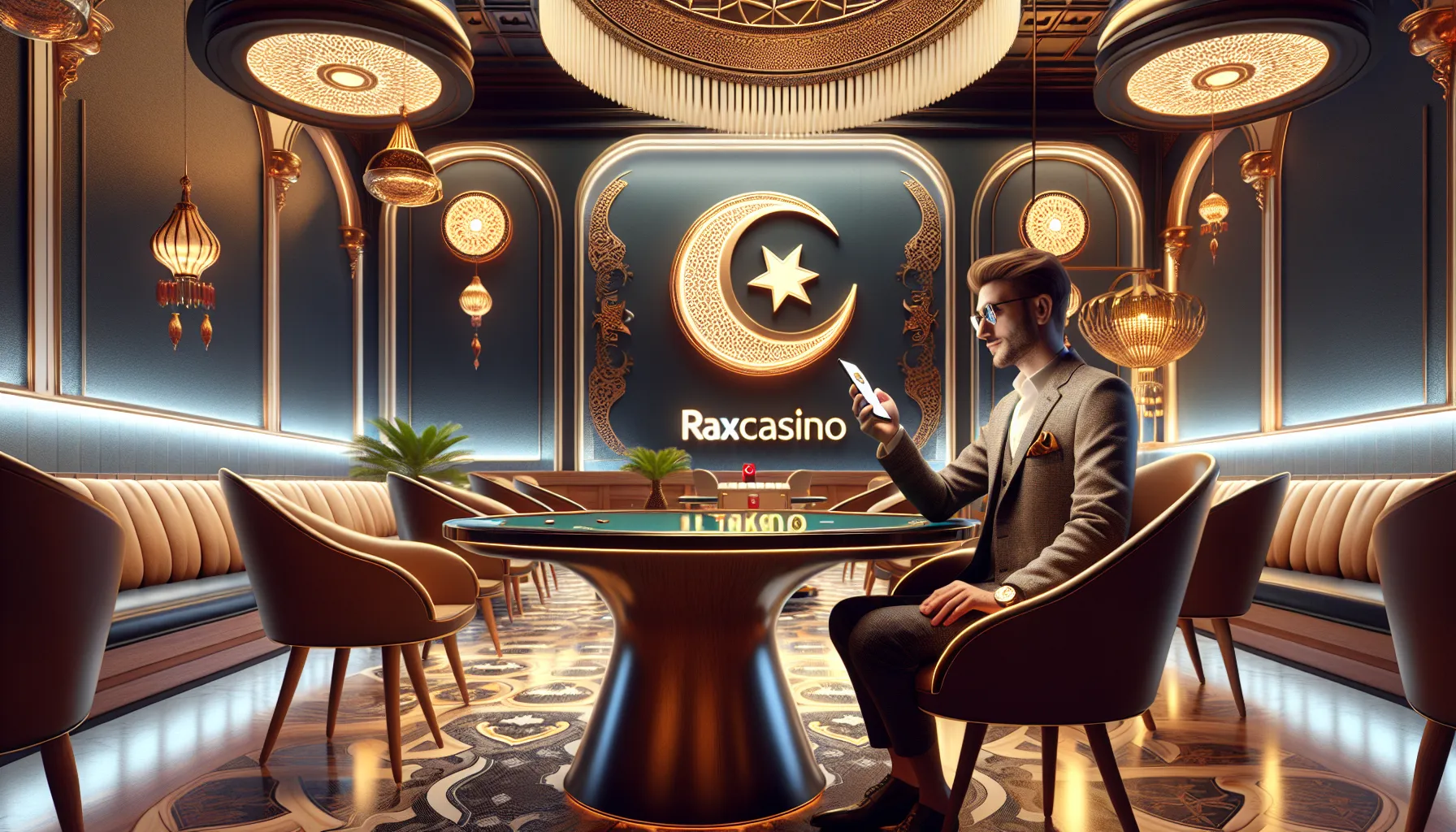 A person celebrates in a modern casino setting with a winning screen on their phone.