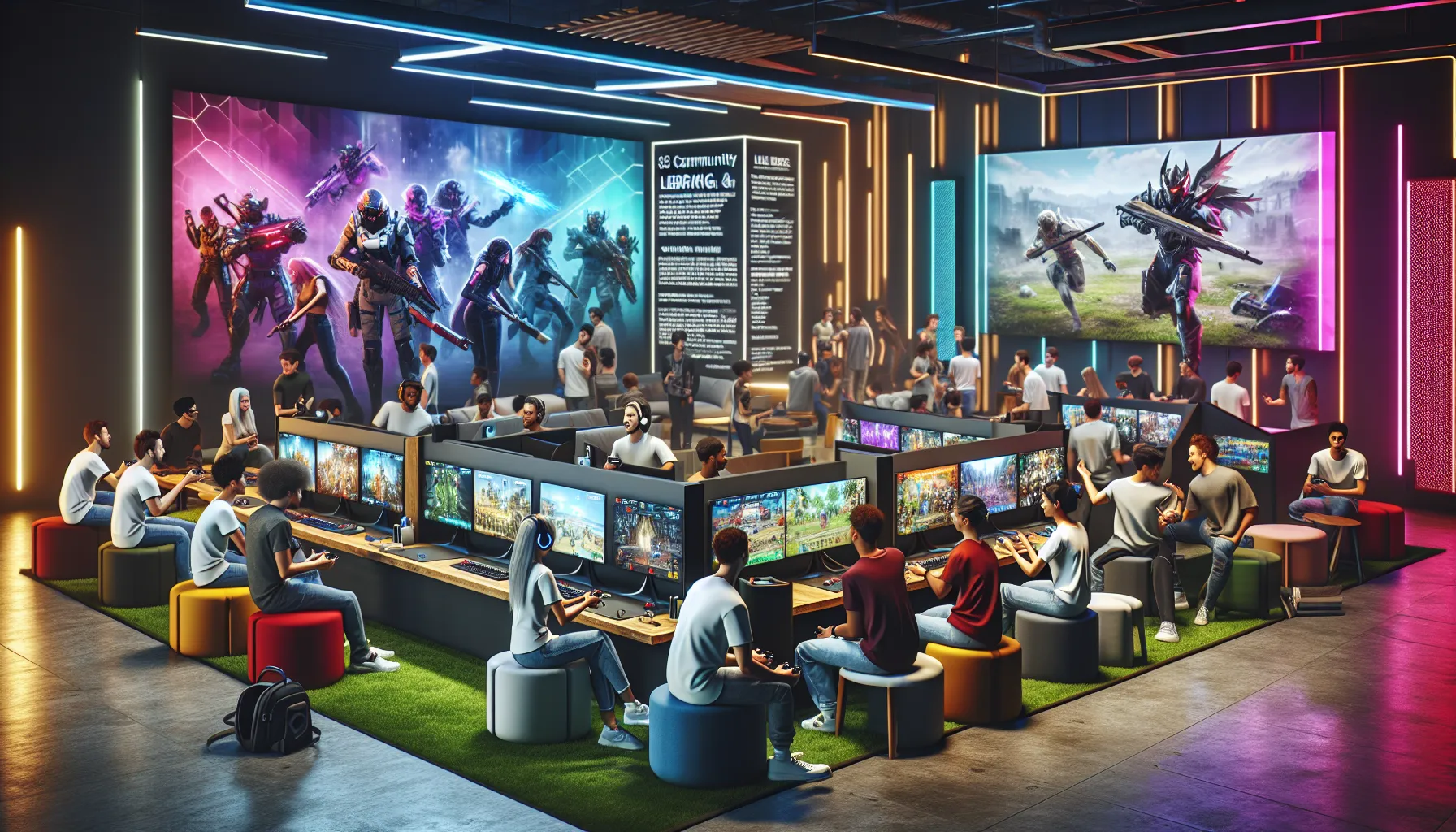 diverse gamers enjoying a vibrant gaming community space.
