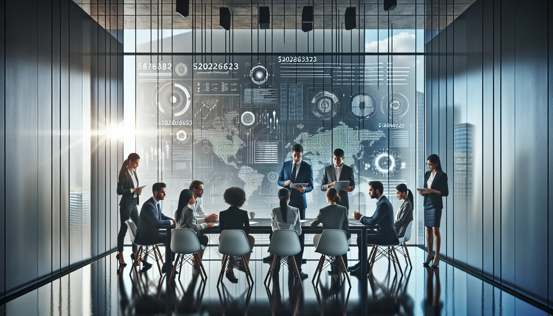 diverse professionals discussing data analytics in a modern workspace.