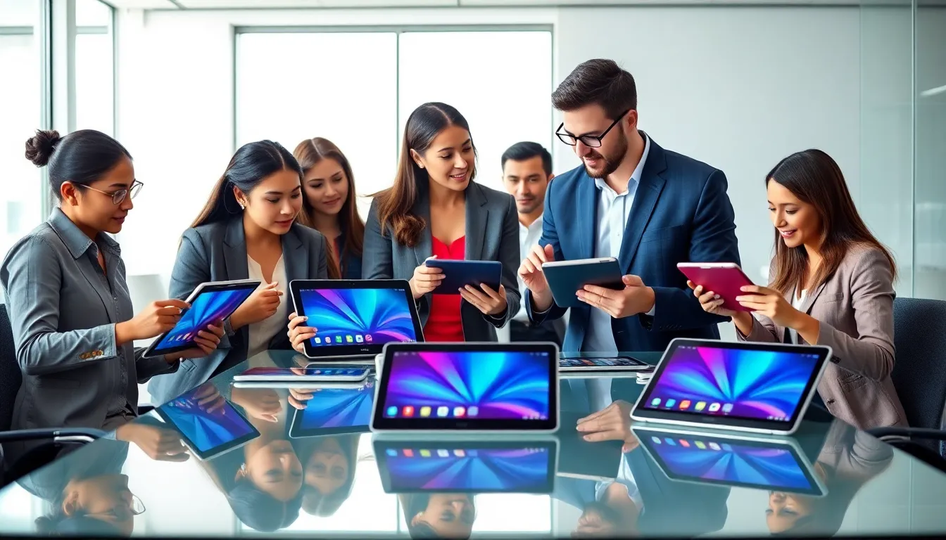 professionals discussing Samsung tablets in a modern office setting.