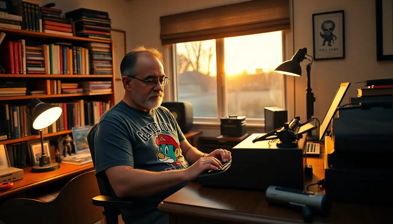 Larry Nando writing in his cozy home office filled with gaming memorabilia.