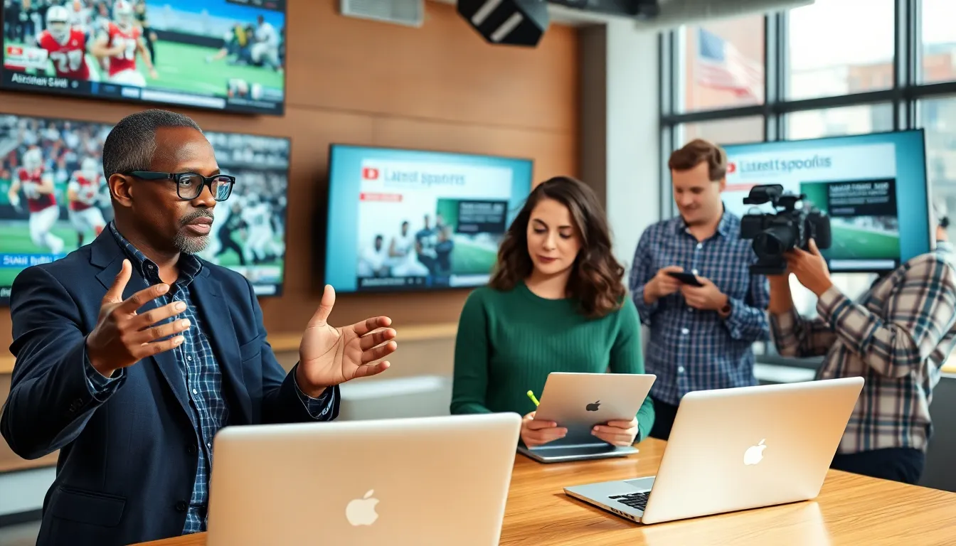 Sports journalists discussing the latest highlights in a vibrant newsroom.