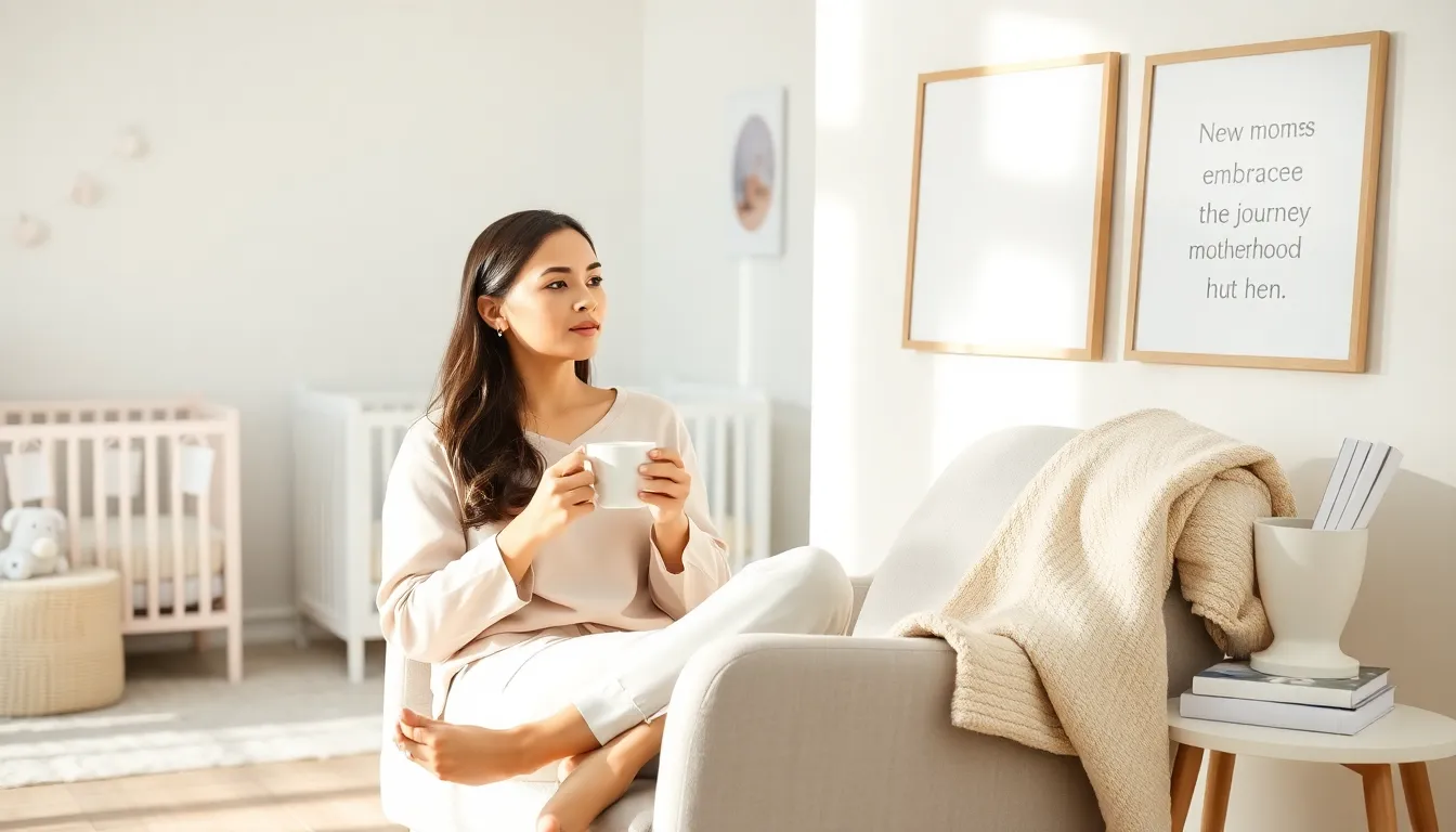 new mom enjoying coffee in a cozy nursery setting.