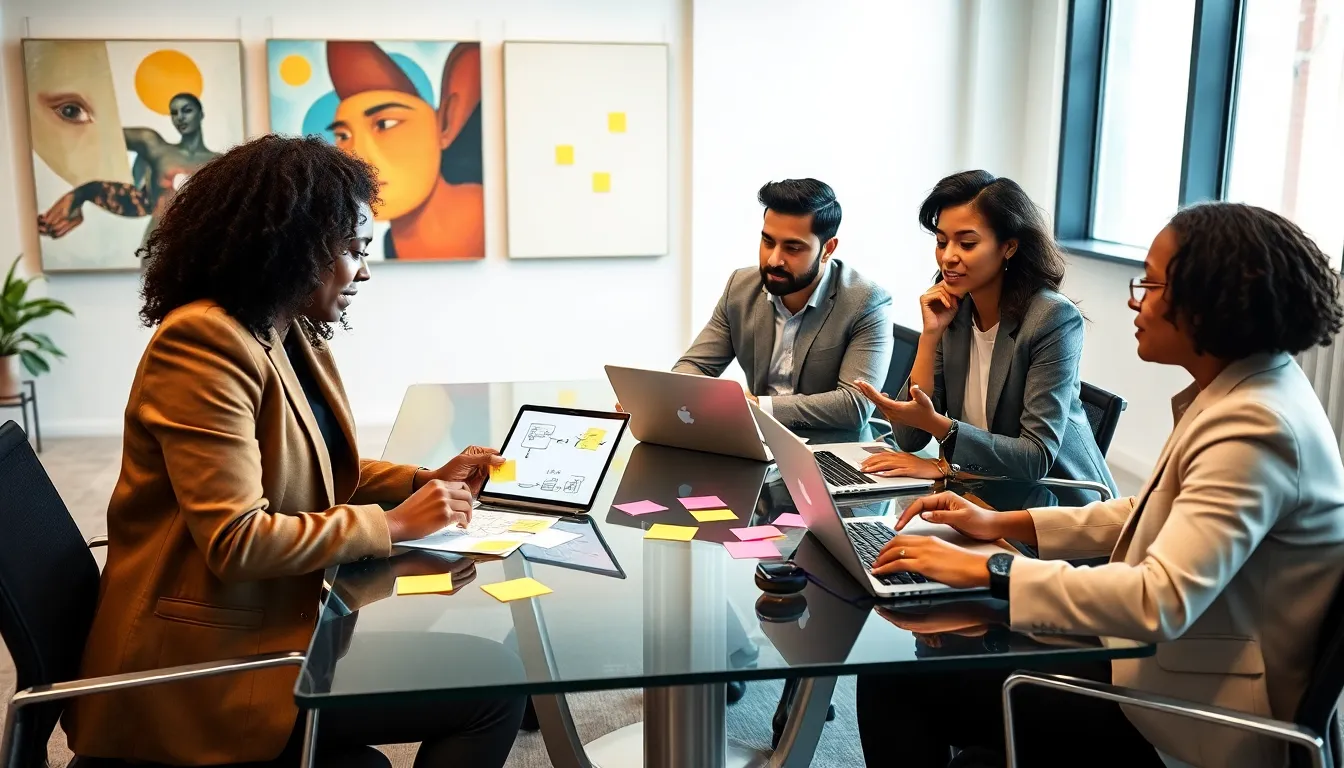 diverse team collaborating in a modern office setting.