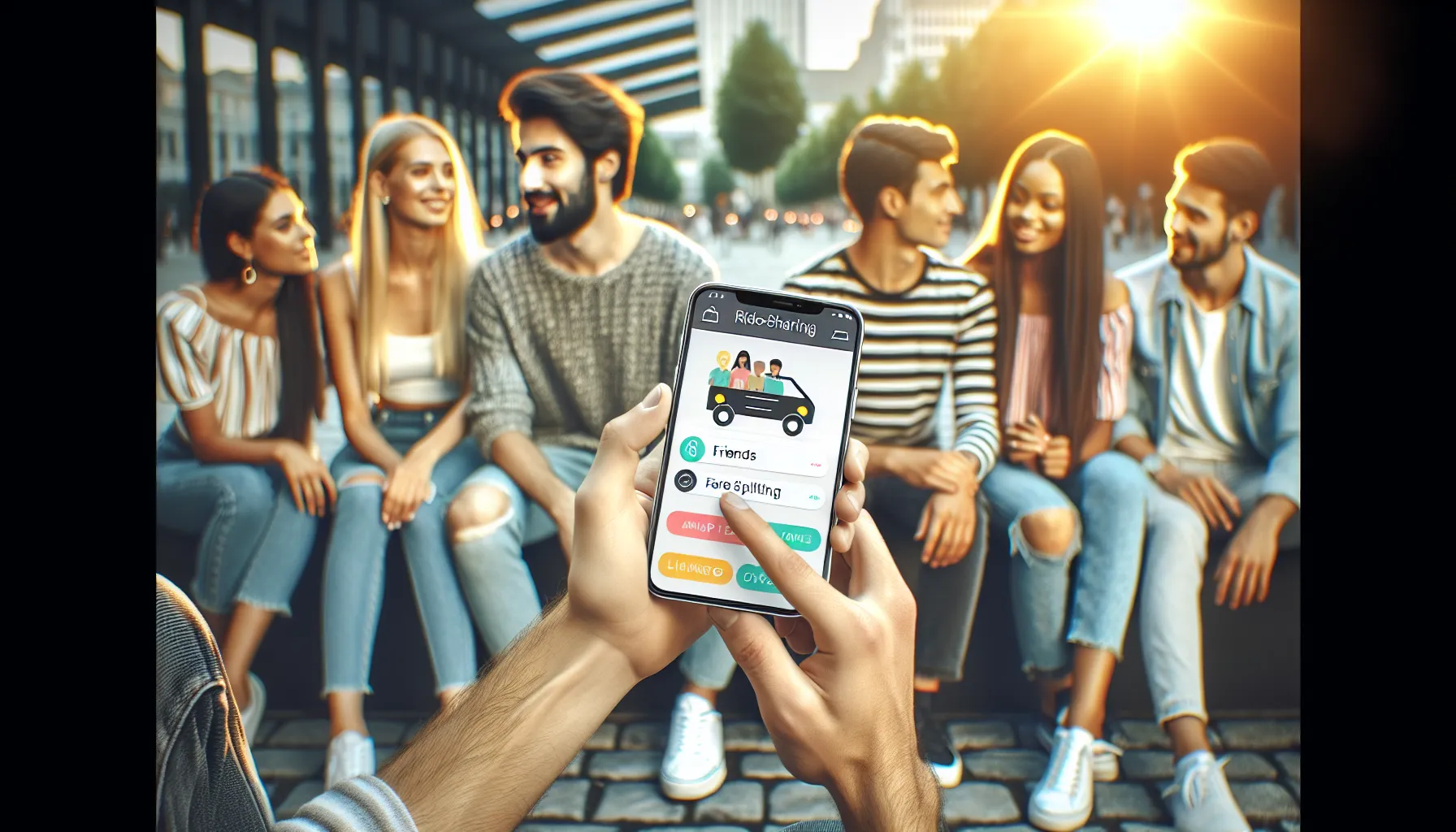 smartphone displaying JustGrab app with friends in a modern urban setting.