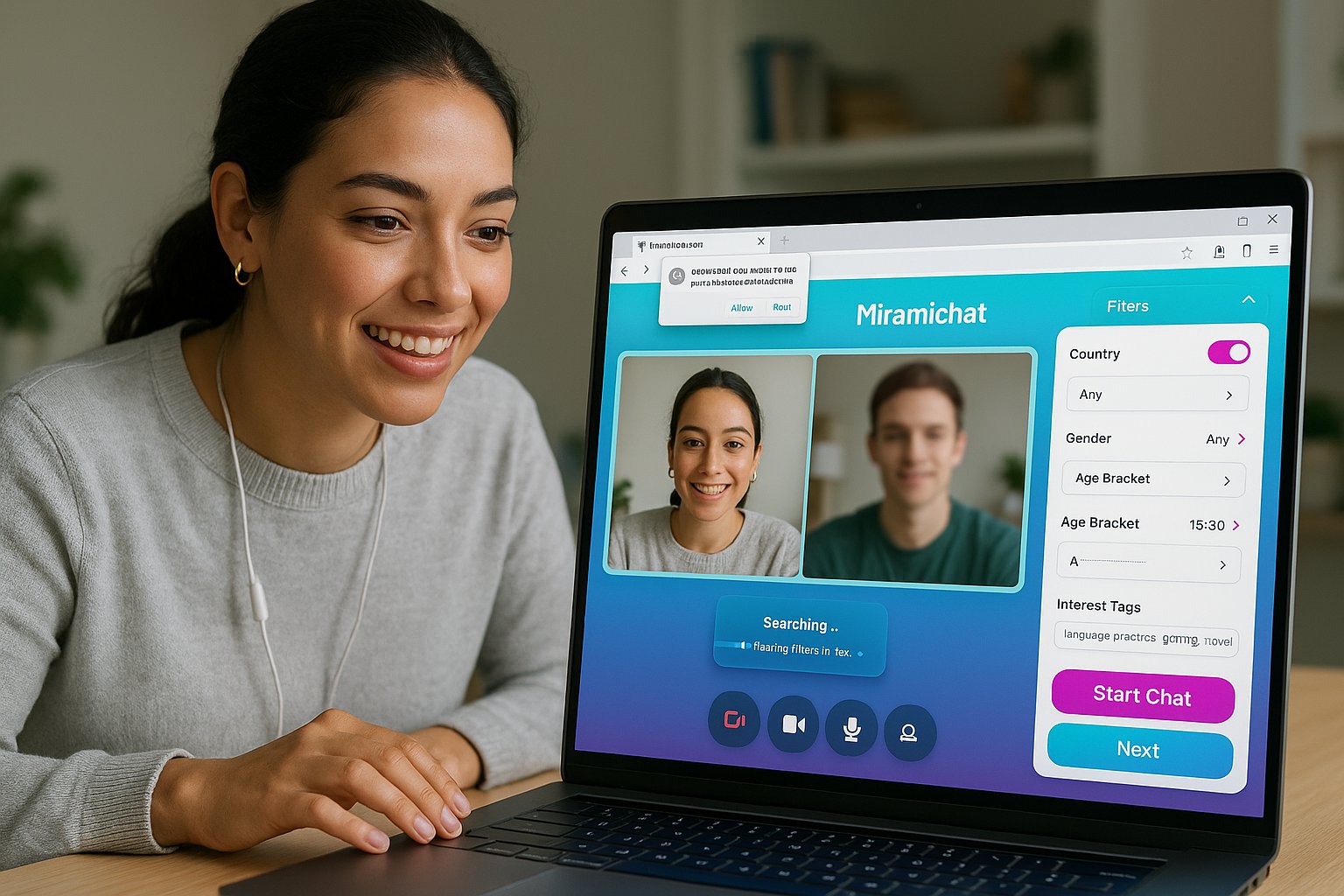 Person using Miramichat on a laptop with filter panel and video call controls.
