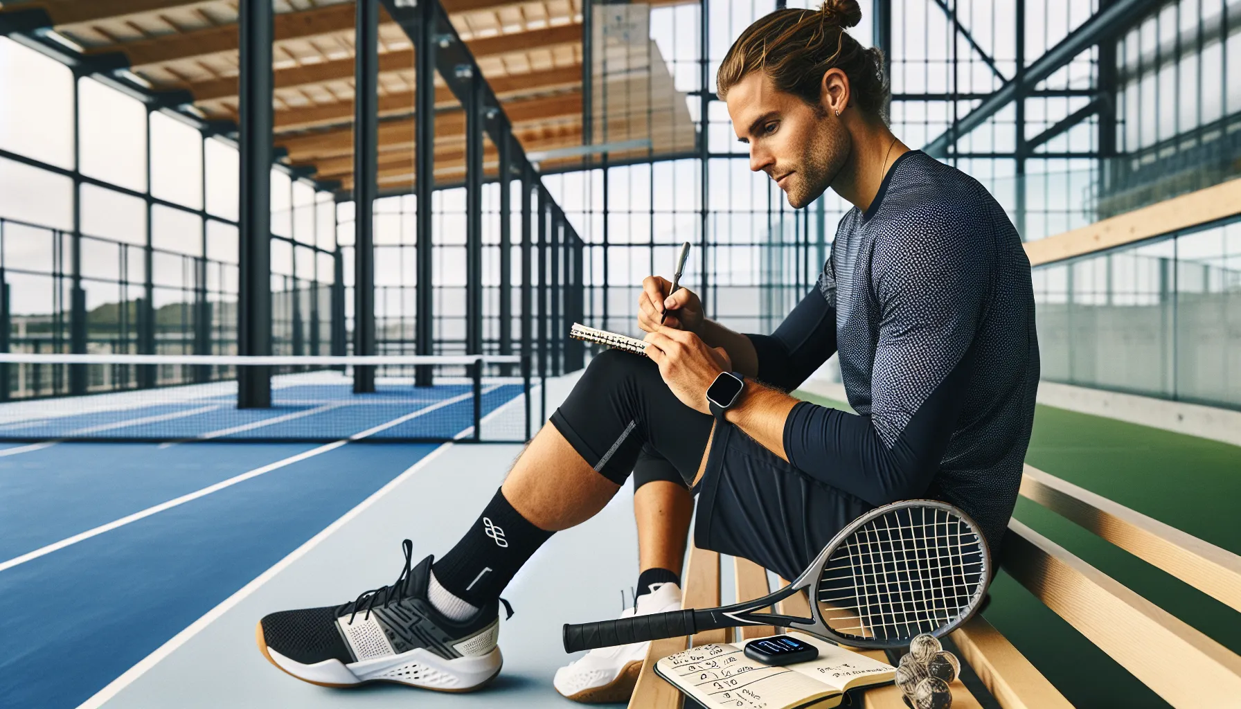 Hvordan unngå skader i padel: tips for trygg trening 3 Norwegian padel player planning training week and checking smartwatch by indoor court.