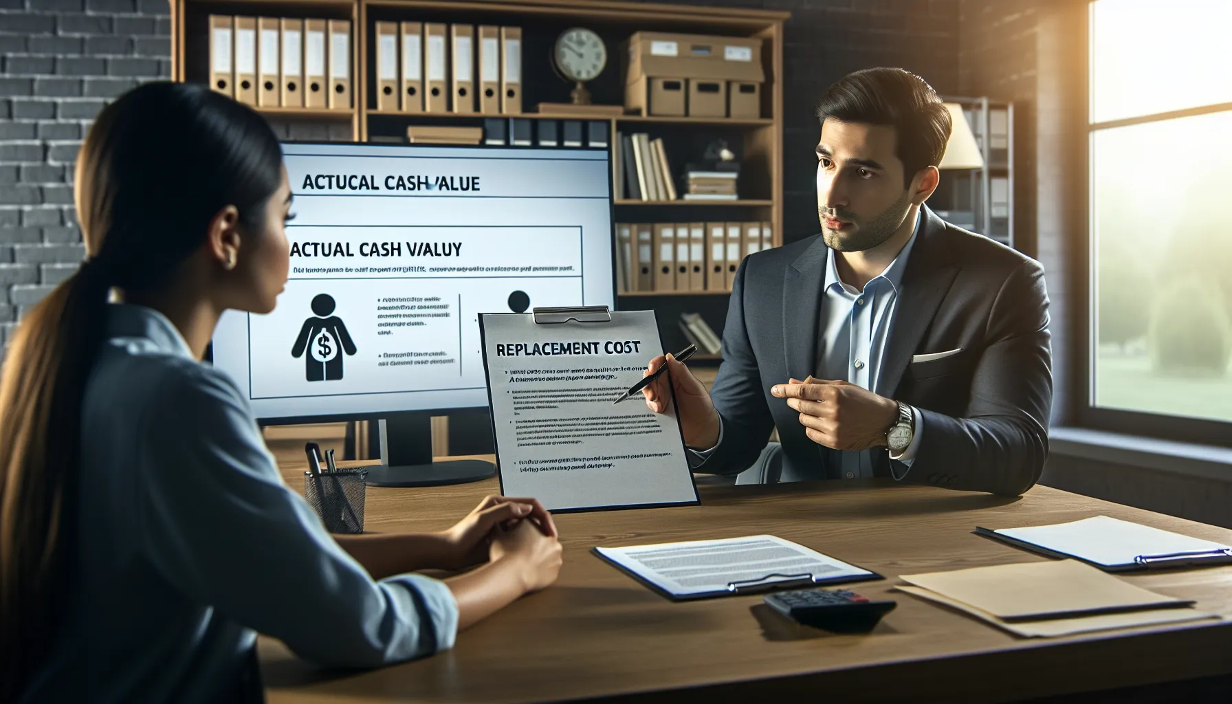 An advisor discusses insurance options with a client in an office setting.