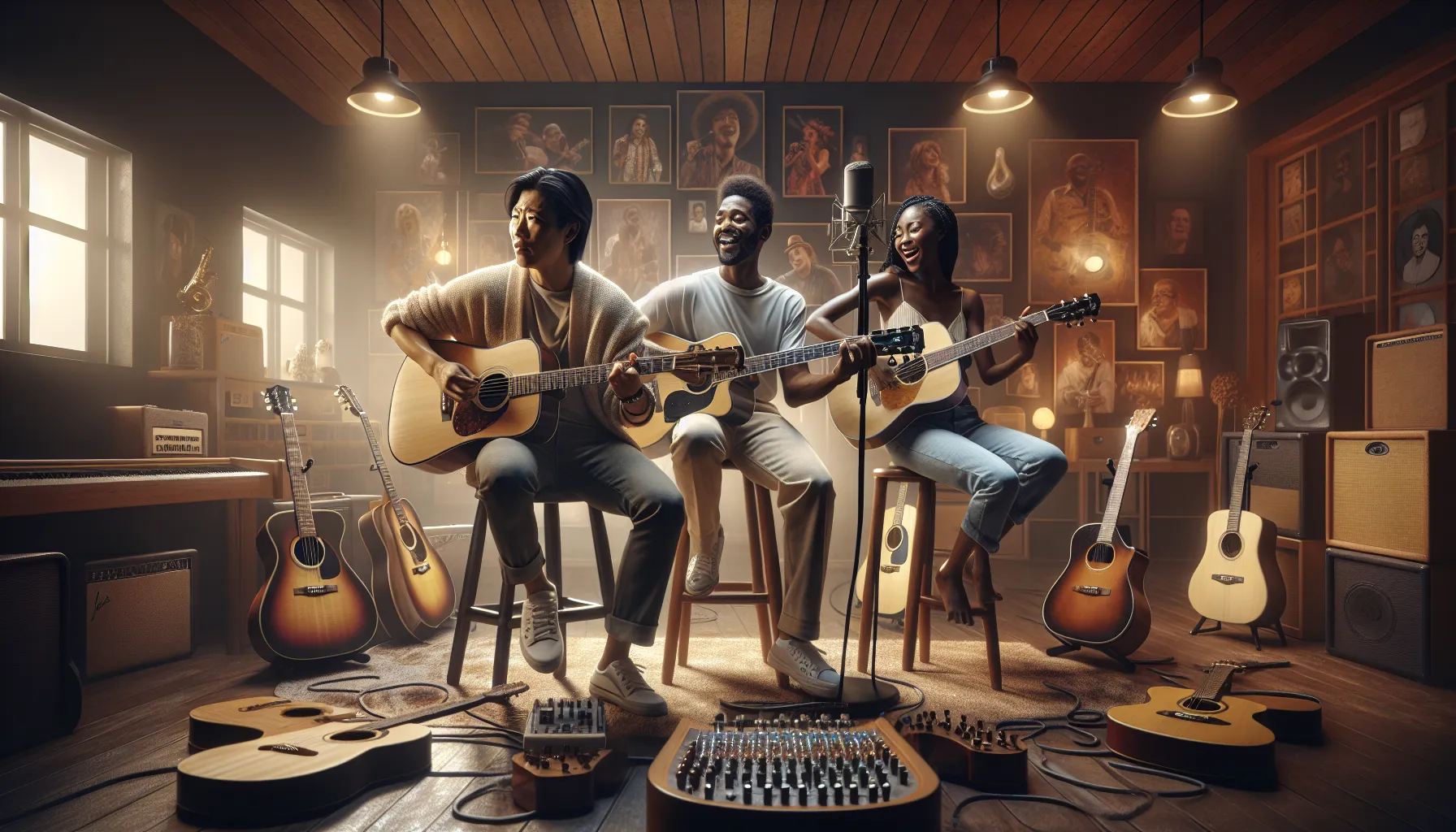 musicians jamming in a studio with guitars tuned to open E.