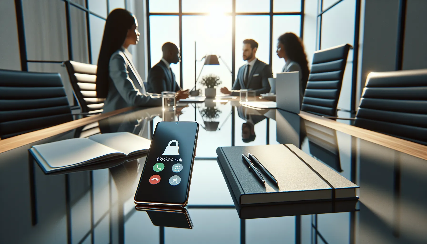 smartphone showing a blocked call notification in a professional office.