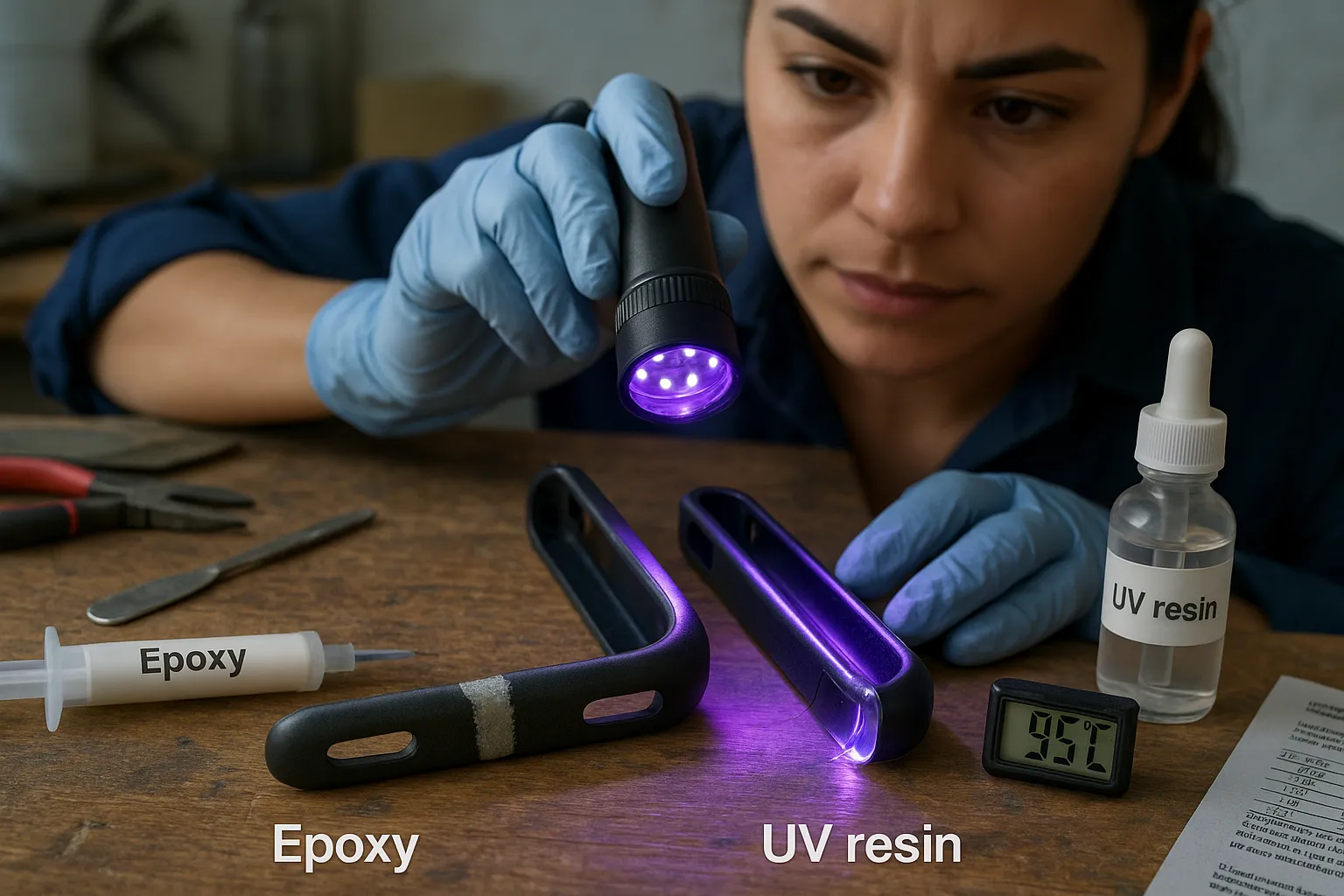 Hands comparing cured epoxy and glossy UV resin on small plastic repairs.
