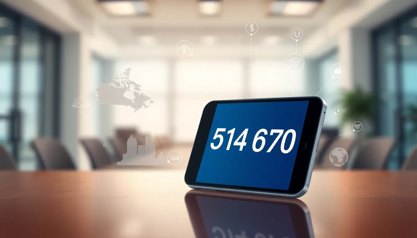 Smartphone displaying phone number in a modern office setting.