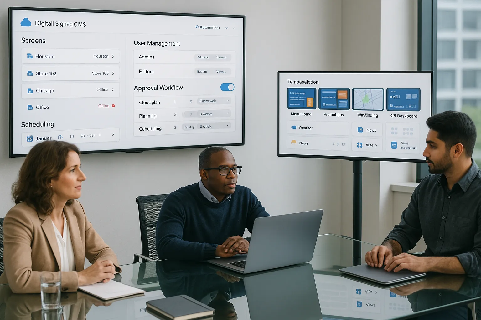 Team reviews cloud digital signage software dashboard with scheduling and multi-location controls.