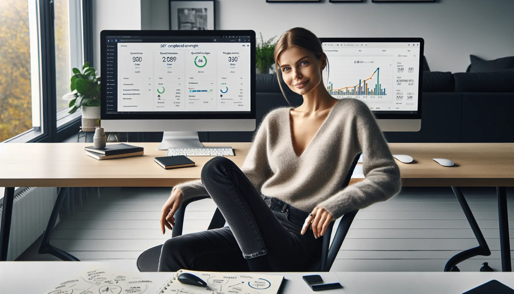 Hvordan automatisering kan spare tid og forbedre seo-resultater 3 Norwegian marketing manager reviewing automated seo dashboards showing time savings and improved roi.