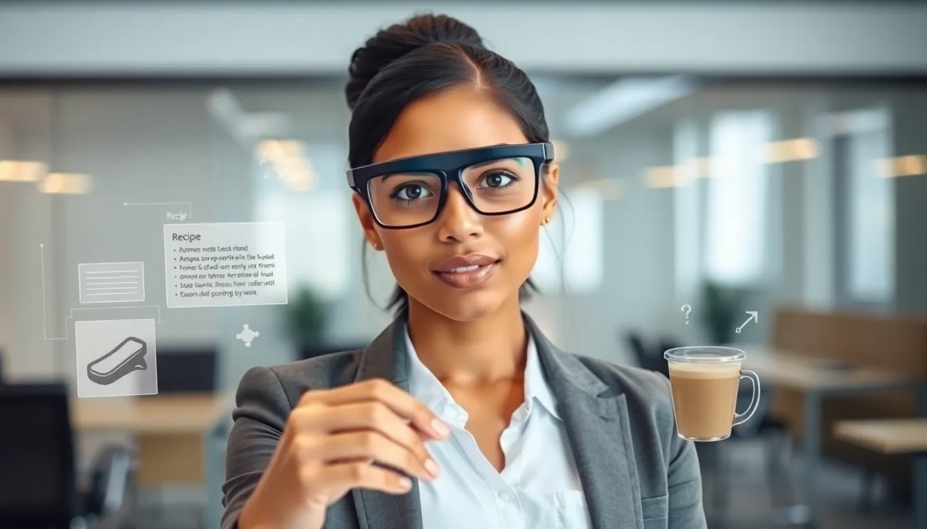 A woman with augmented reality glasses interacting with digital information.