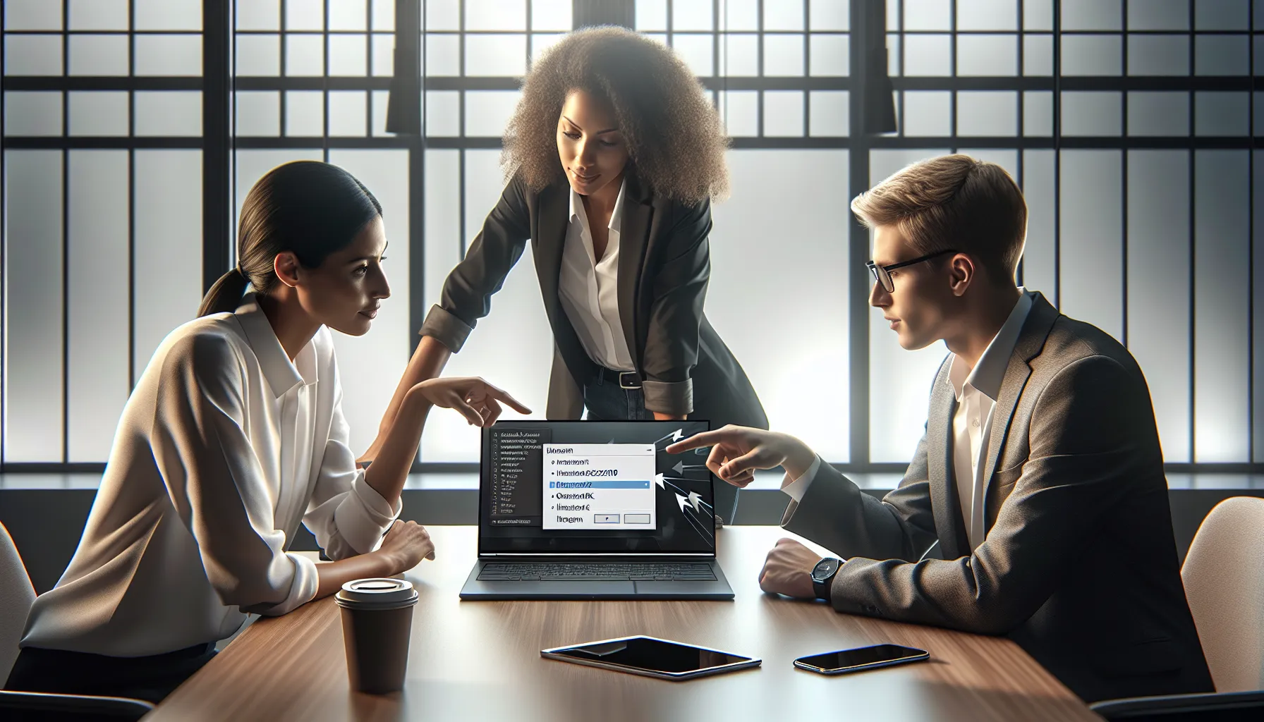 professionals discussing the installation of CaladriusAPK20192 on a laptop.