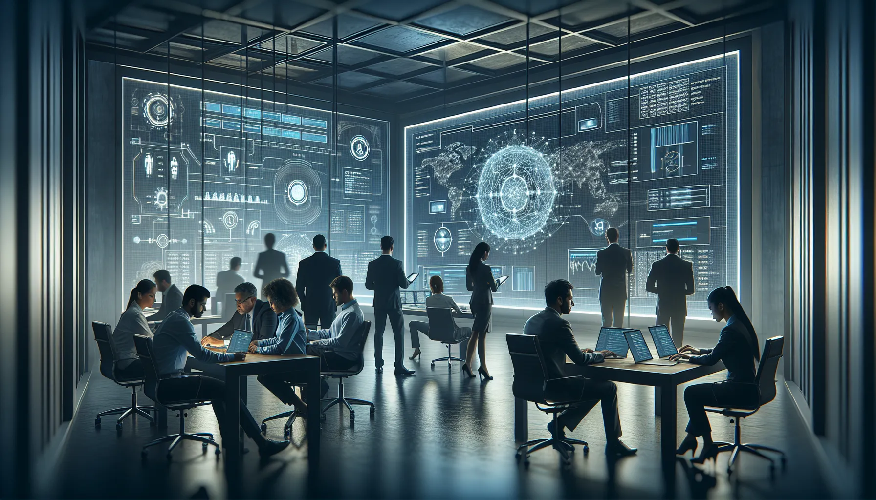 IT professionals collaborating in a modern control room on network management.