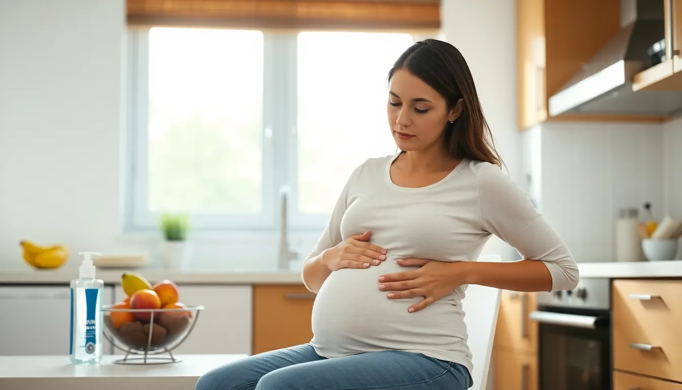 Pregnant woman in a kitchen, showing discomfort, emphasizing hygiene during illness.
