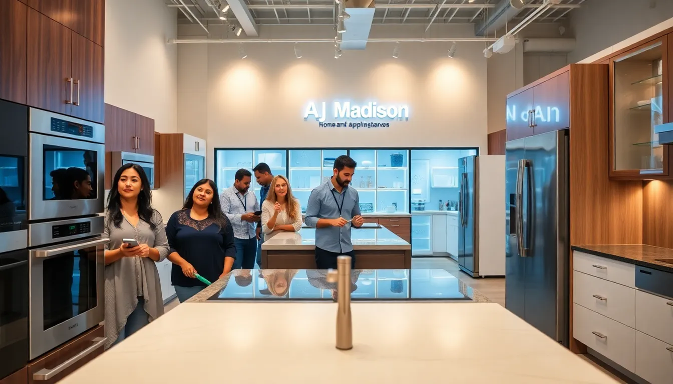 diverse customers exploring appliances in a modern showroom.