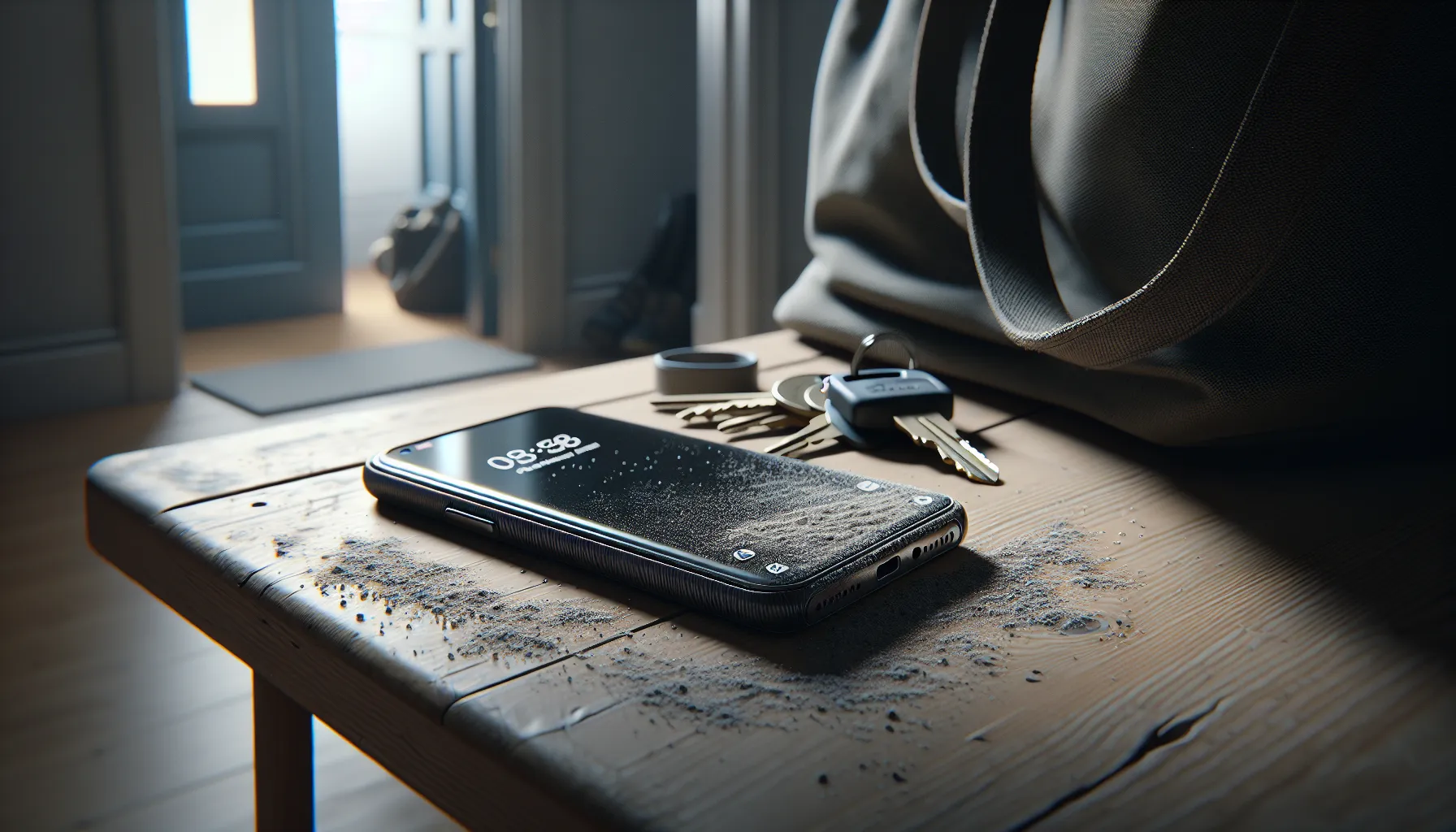Slik beskytter du mobilen din mot daglig slitasje 2 Worn smartphone with scratches and dust lying under keys on a wooden table.