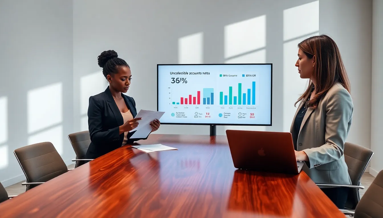 professionals discussing uncollectible accounts in a modern office.