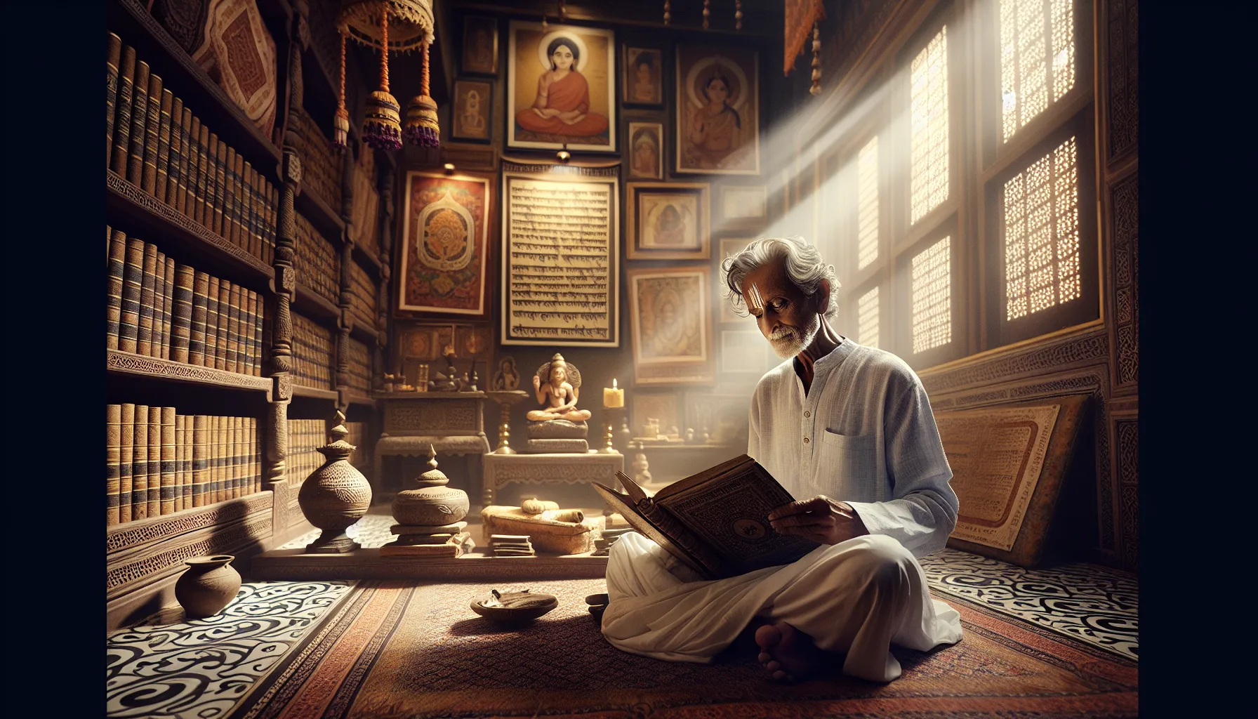 an elderly man reading an ancient Sanskrit text in a decorated room.