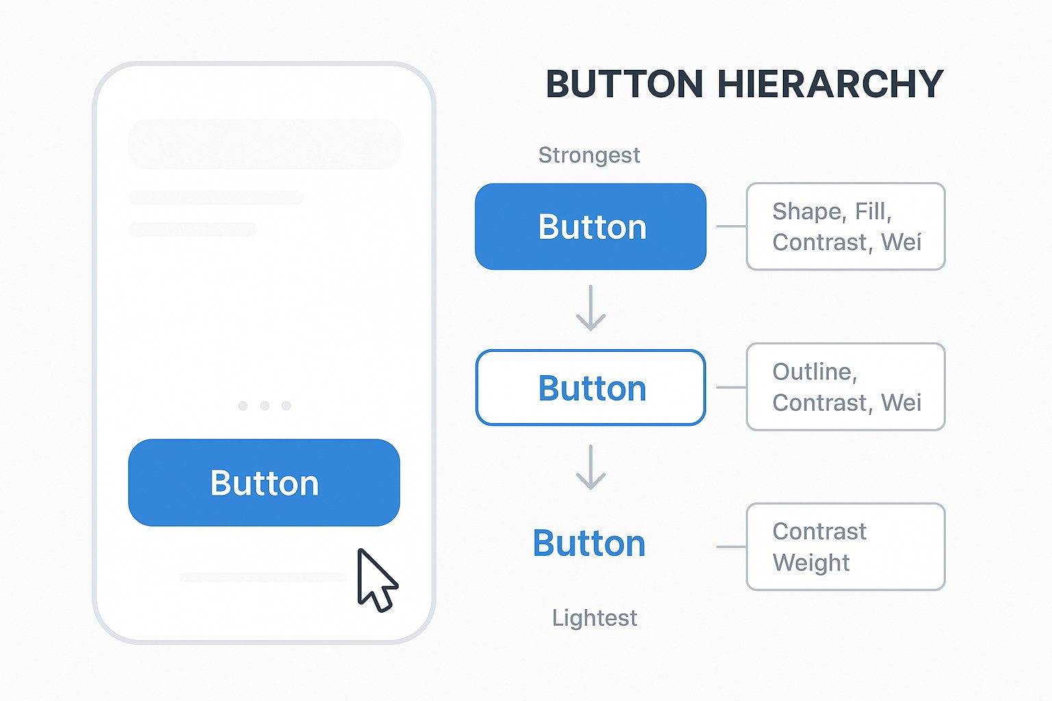 Infographic showing primary, secondary, and tertiary button hierarchy.