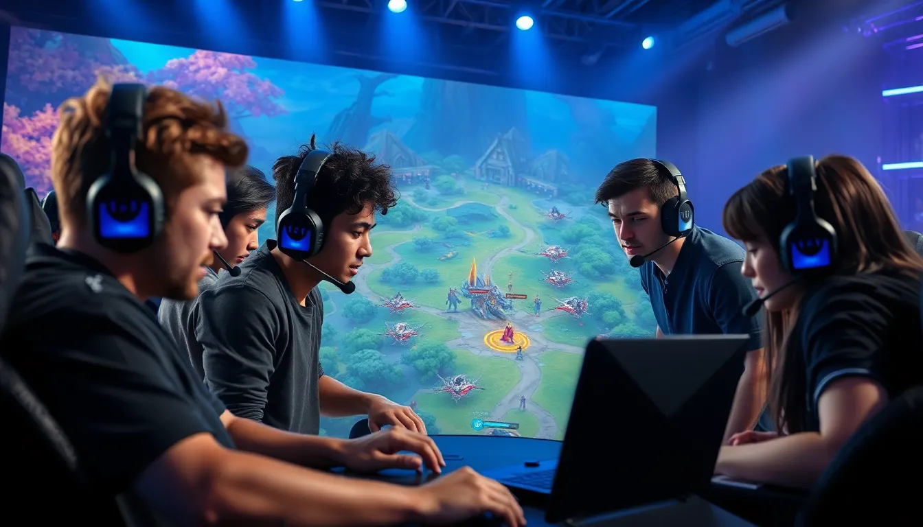 diverse team strategizing in a vibrant League of Legends arena.