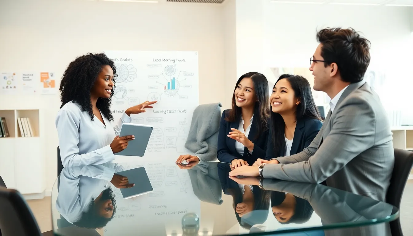 professionals discussing child development in a modern office setting