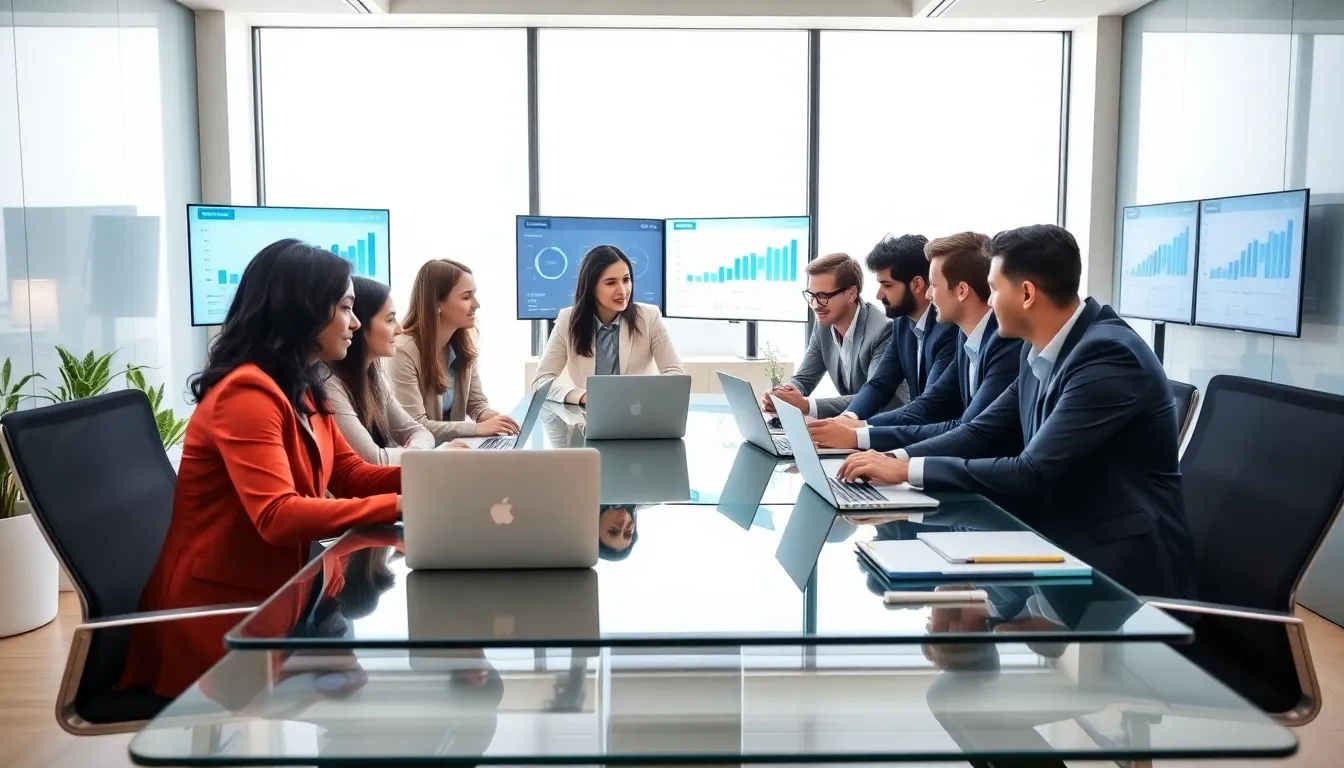 diverse team discussing PPC strategies in a modern office.
