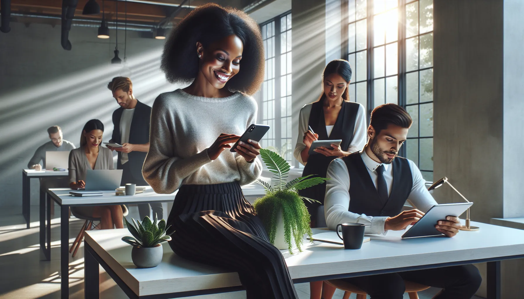 diverse team using the Mornchecker app in a modern office.