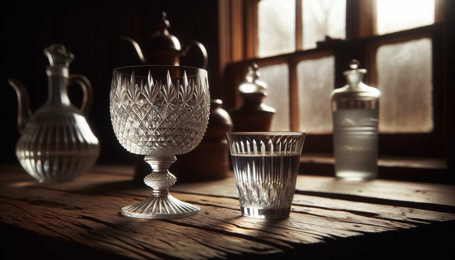 a cut crystal glass and a standard tumbler on a wooden table.