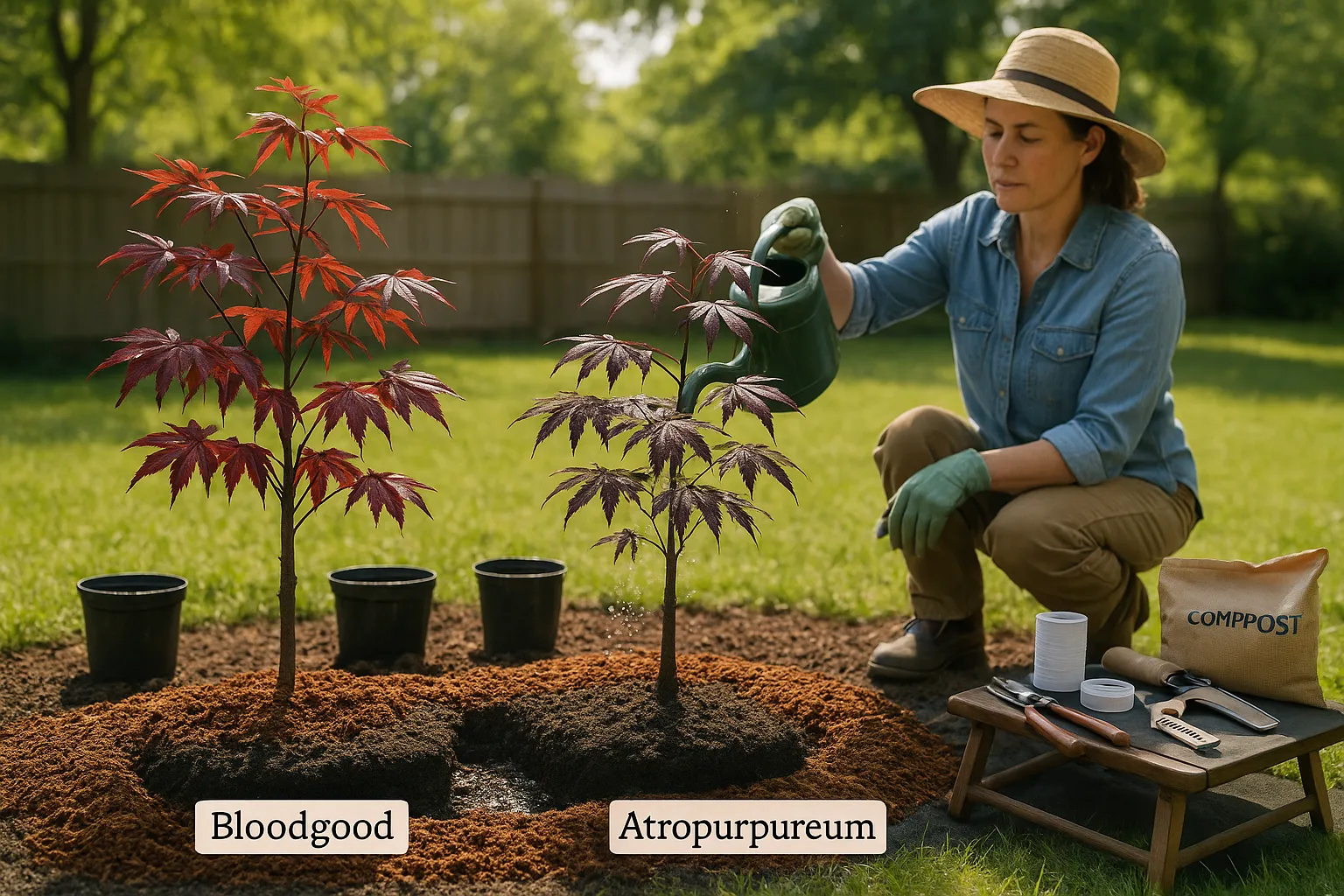 Two newly planted Japanese maples being watered in a sunlit backyard.