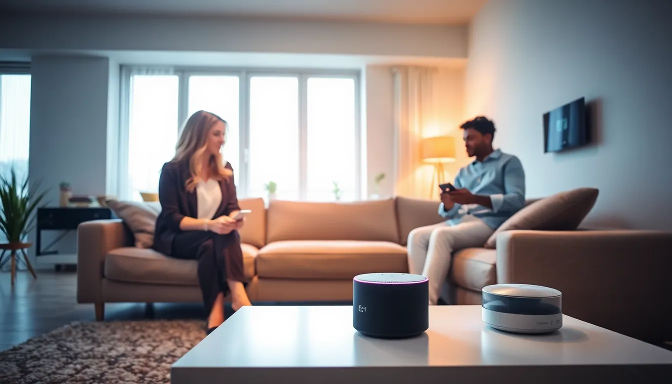 family using smart devices in a modern living room.
