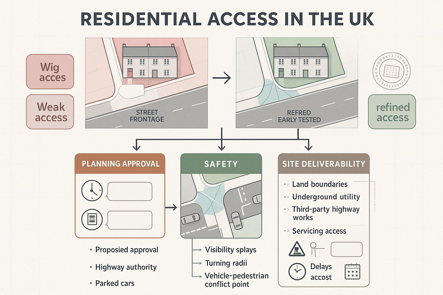 Infographic showing how residential site access affects approval, safety, and deliverability.