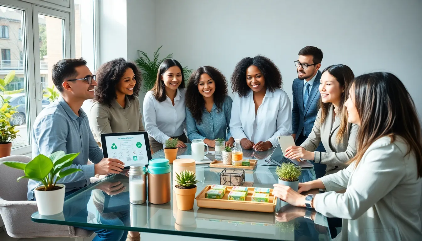 diverse team discussing sustainable living solutions in a bright office.