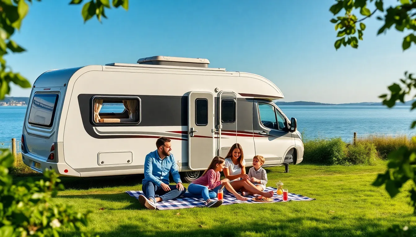 families enjoying a picnic by a caravan near a beautiful lake.