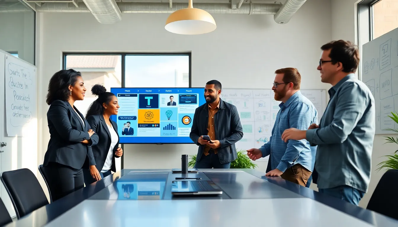 three professionals collaborating in a modern office with digital resources.