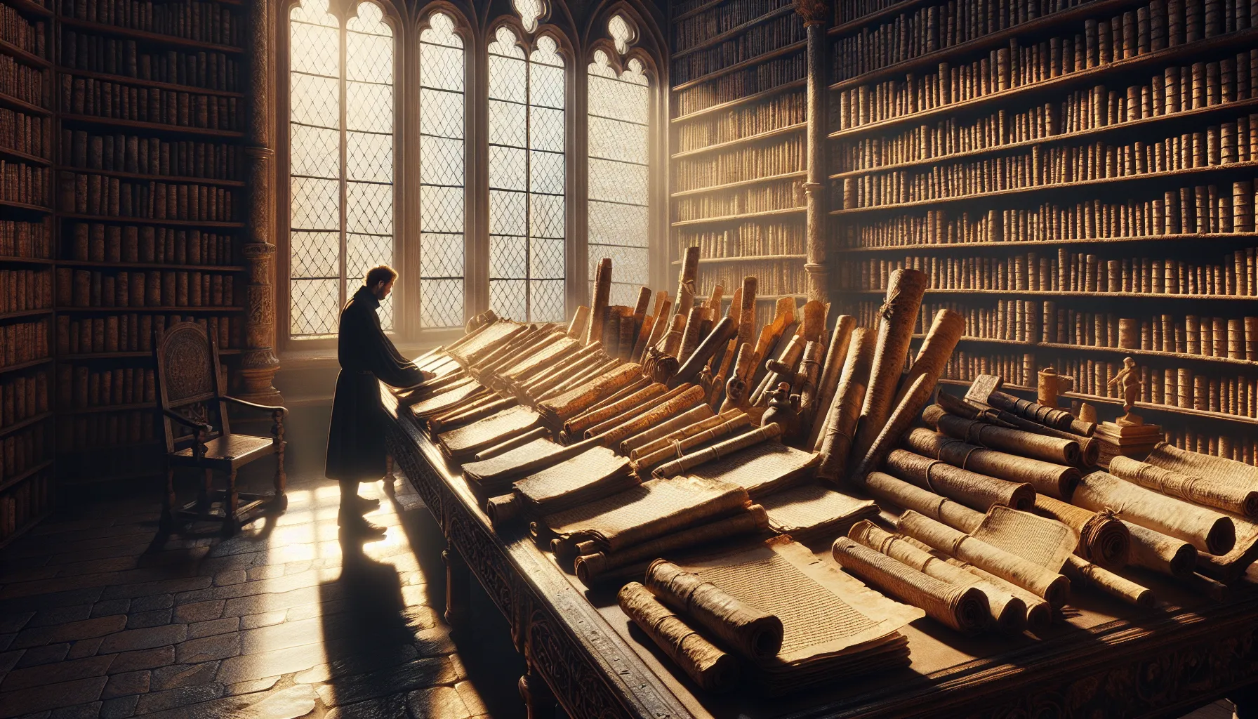 An ancient library with manuscripts and scrolls illuminated by sunlight.