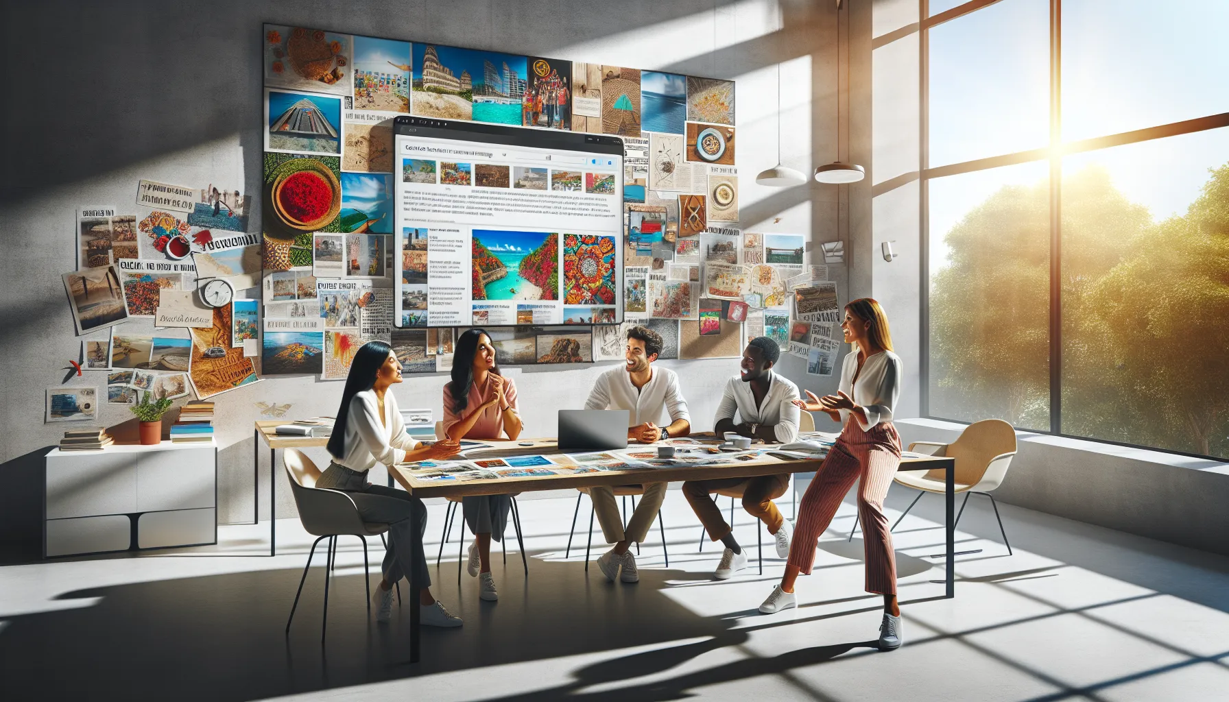 diverse team discussing travel articles in a modern office setting.