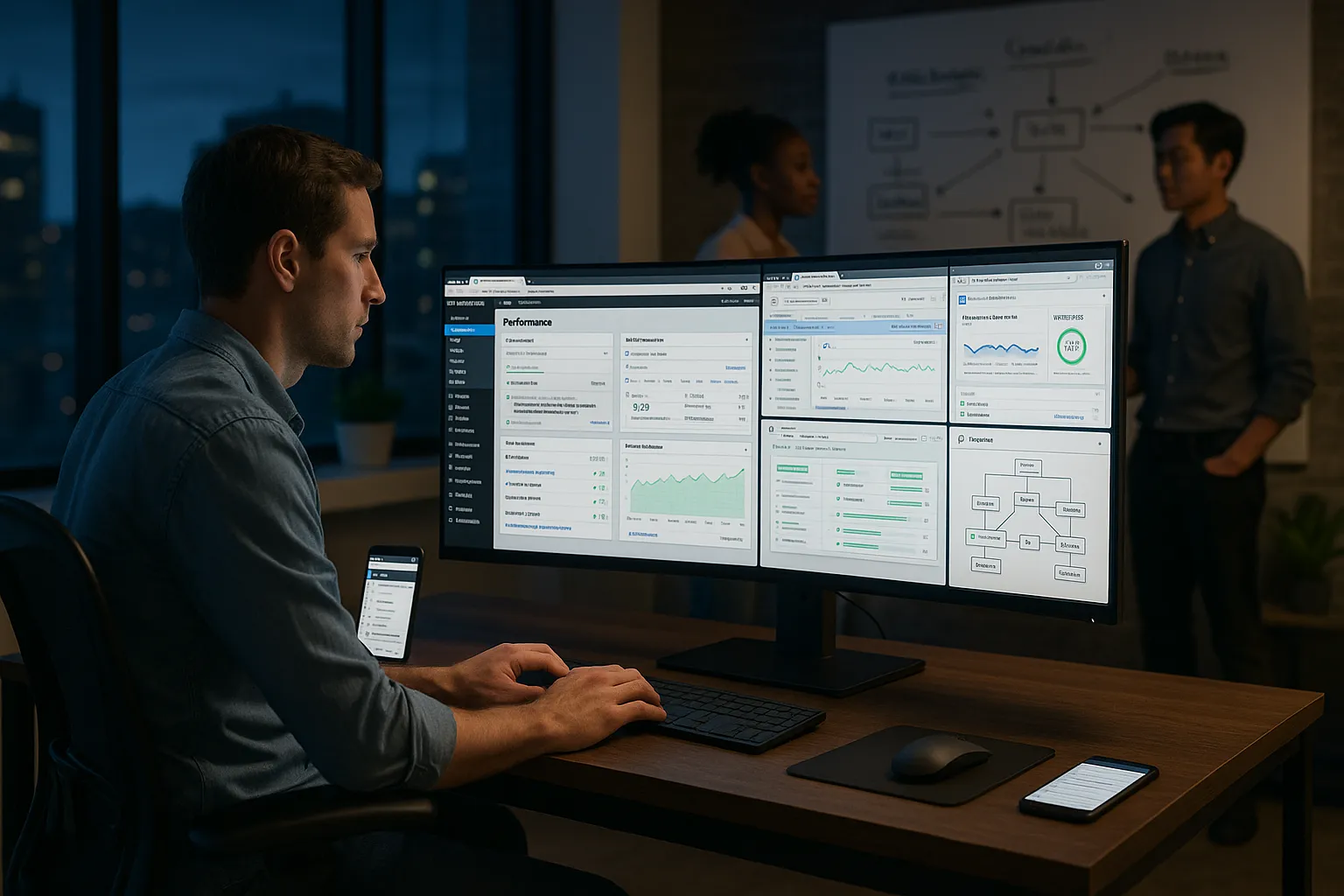 SEO specialist optimizes a WordPress site’s technical performance on multiple screens.