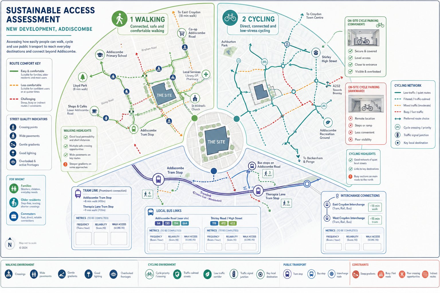 Infographic of walking, cycling and public transport access for Addiscombe development.